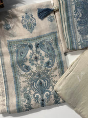 Beige and Blue Linen Dress Material
