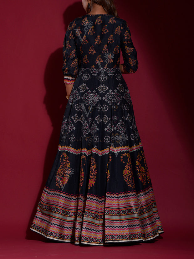 Black Vasansi Silk Printed Anarkali Gown