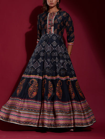 Black Vasansi Silk Printed Anarkali Gown