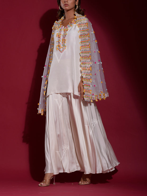 White Silk Kurta with Cape and Palazzo Set