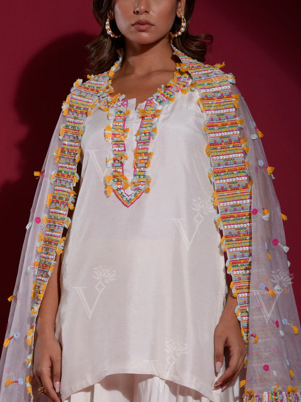 White Silk Kurta with Cape and Palazzo Set