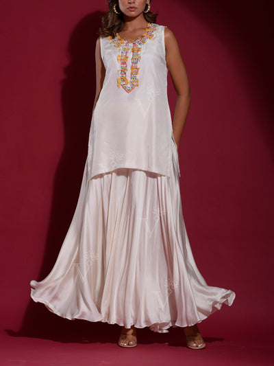 White Silk Kurta with Cape and Palazzo Set