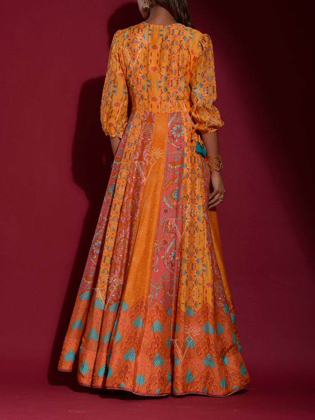 Yellow Vasansi Silk Printed Anarkali Gown