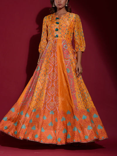 Yellow Vasansi Silk Printed Anarkali Gown