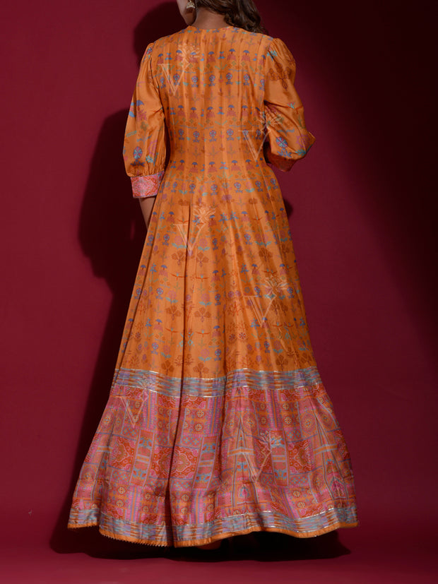 Yellow Vasansi Silk Printed Anarkali Gown