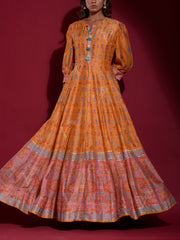 Yellow Vasansi Silk Printed Anarkali Gown