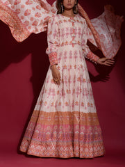 Off- White Vasansi Silk Printed Anarkali Gown