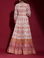 Off- White Vasansi Silk Printed Anarkali Gown