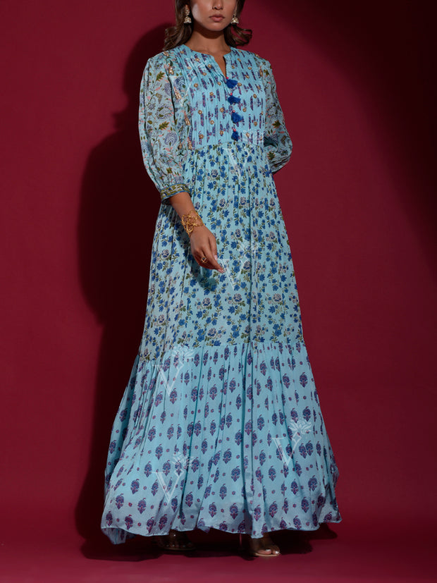 Sky Blue Vasansi Silk Printed Anarkali Gown