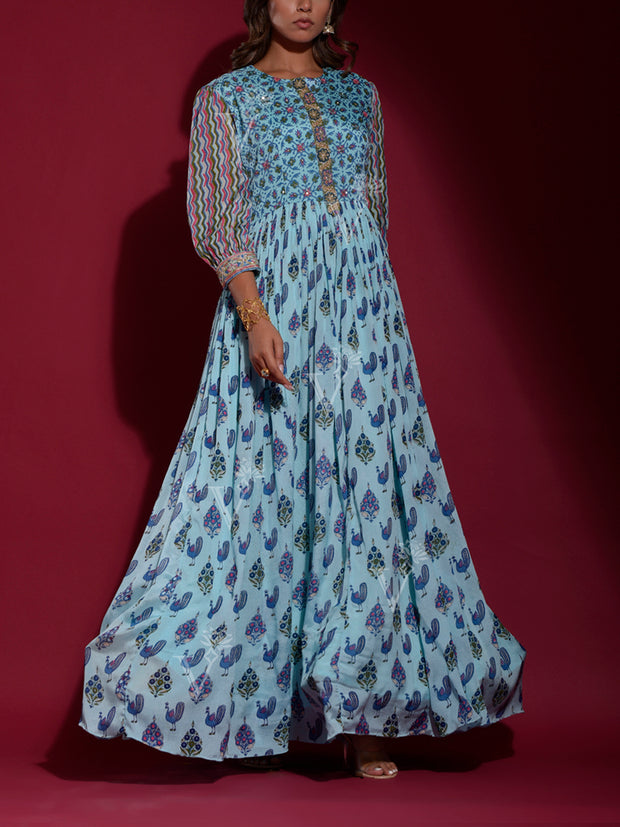 Sky Blue Vasansi Silk Printed Anarkali Gown