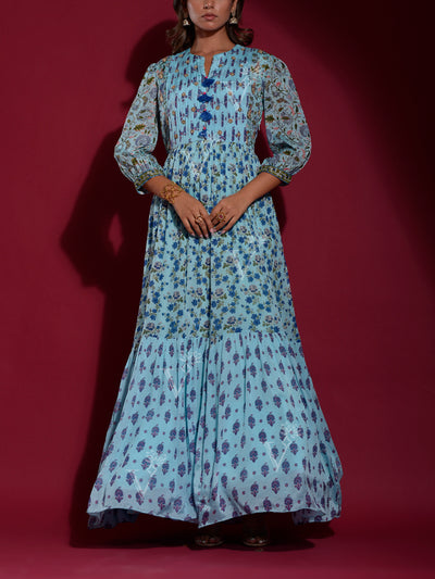 Sky Blue Vasansi Silk Printed Anarkali Gown