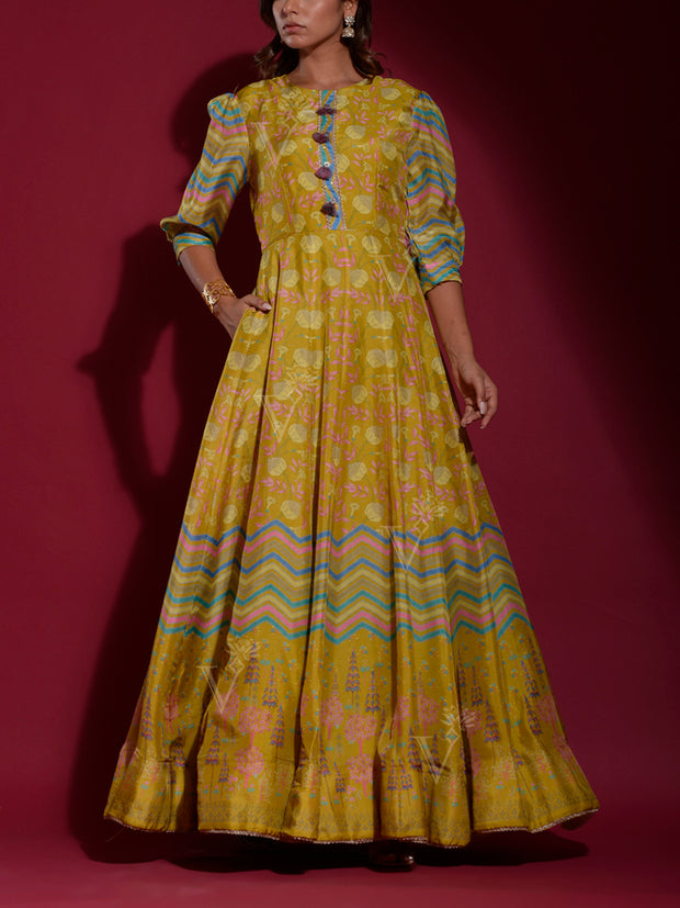 Olive Green Vasansi Silk Printed Anarkali Gown