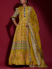 Olive Green Vasansi Silk Printed Anarkali Gown