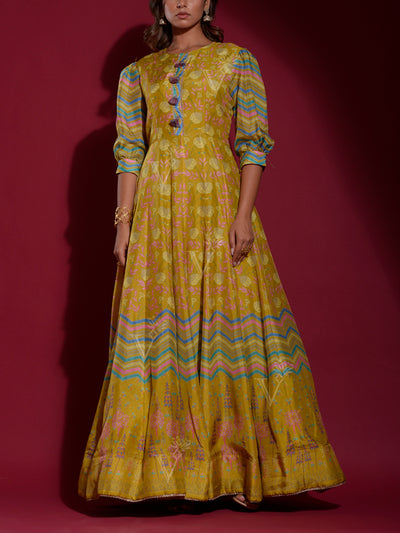 Olive Green Vasansi Silk Printed Anarkali Gown