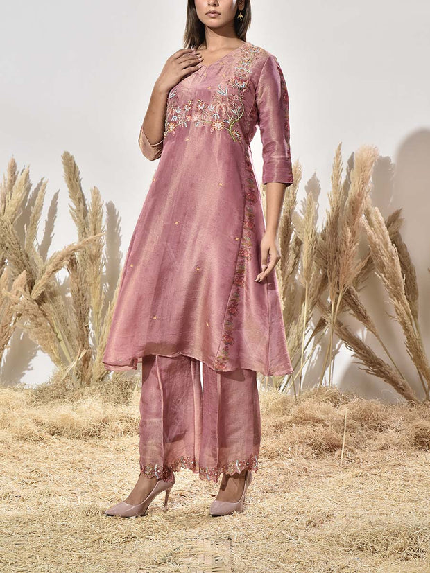Onion Pink Tissue Emrbroidered Kurta and Pant Set