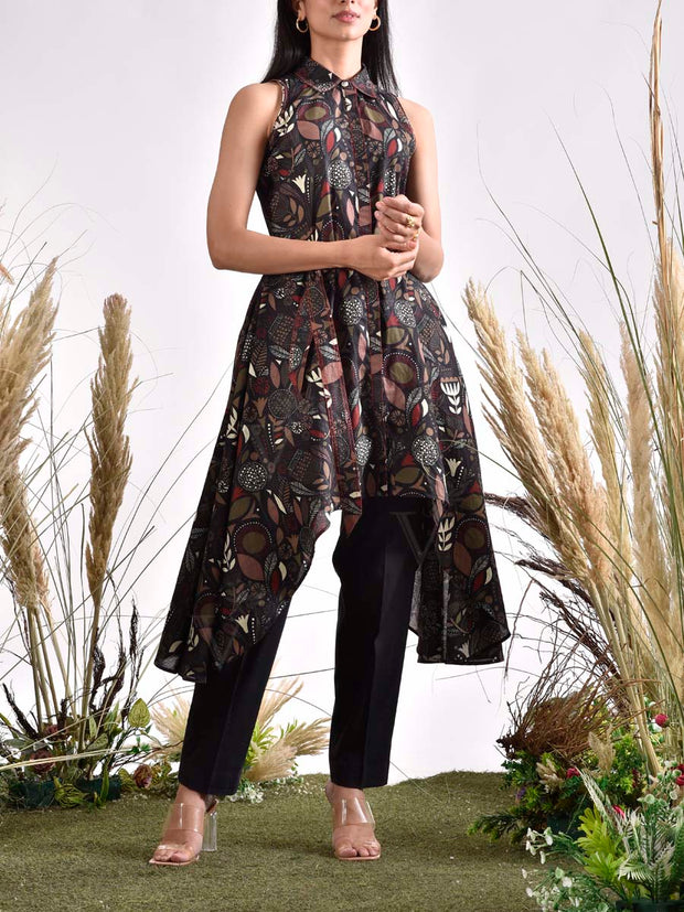 Black Cotton Printed Asymmetric Top