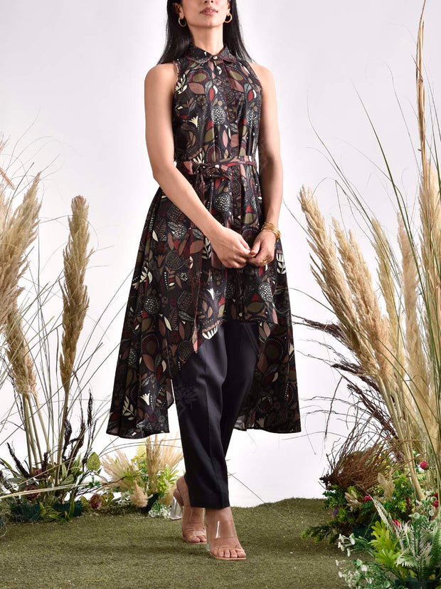 Black Cotton Printed Asymmetric Top