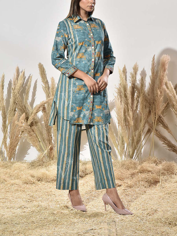 Turquoise Printed Cotton Co Ord Set