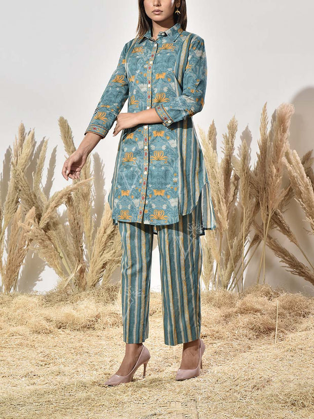 Turquoise Printed Cotton Co Ord Set