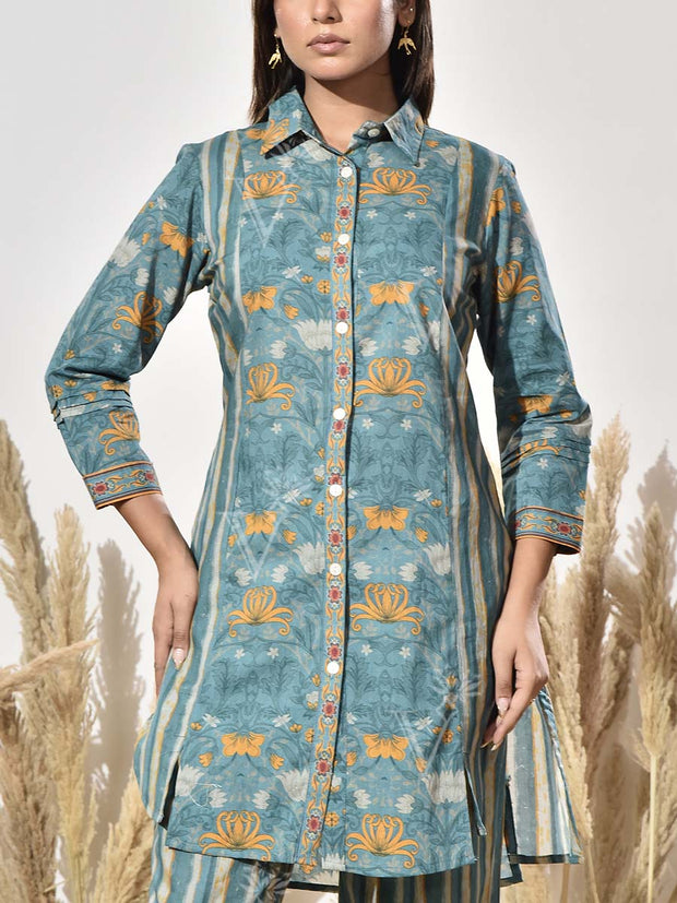 Turquoise Printed Cotton Co Ord Set
