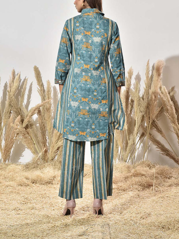 Turquoise Printed Cotton Co Ord Set