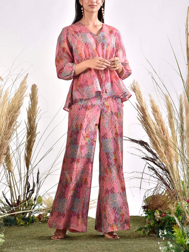 Pink Silk Printed Co Ord Set