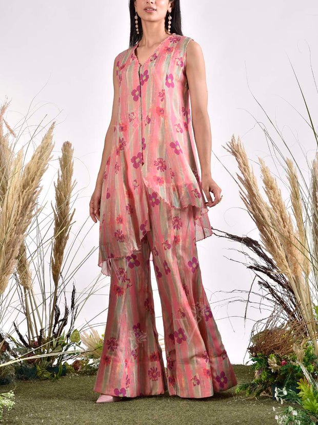 Pink Wrinkle Chiffon Printed Co Ord Set