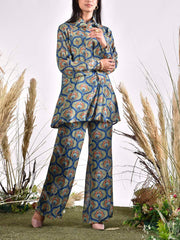 Blue Wrinkle Chiffon Printed Bustier and Pant Set