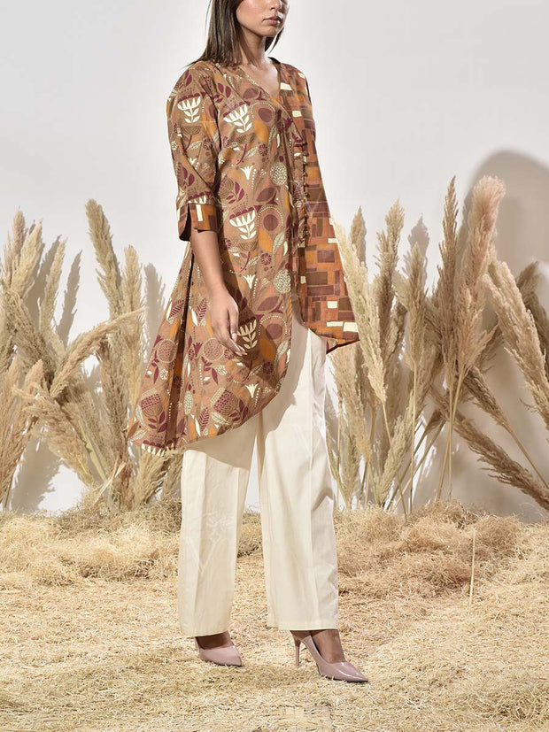 Brown Cotton Printed Asymmetric Kurta