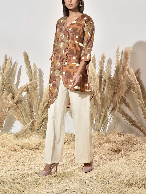 Brown Cotton Printed Asymmetric Kurta