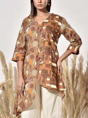 Brown Cotton Printed Asymmetric Kurta