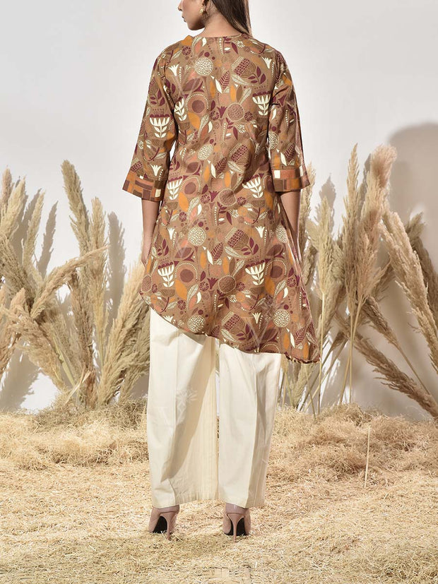 Brown Cotton Printed Asymmetric Kurta
