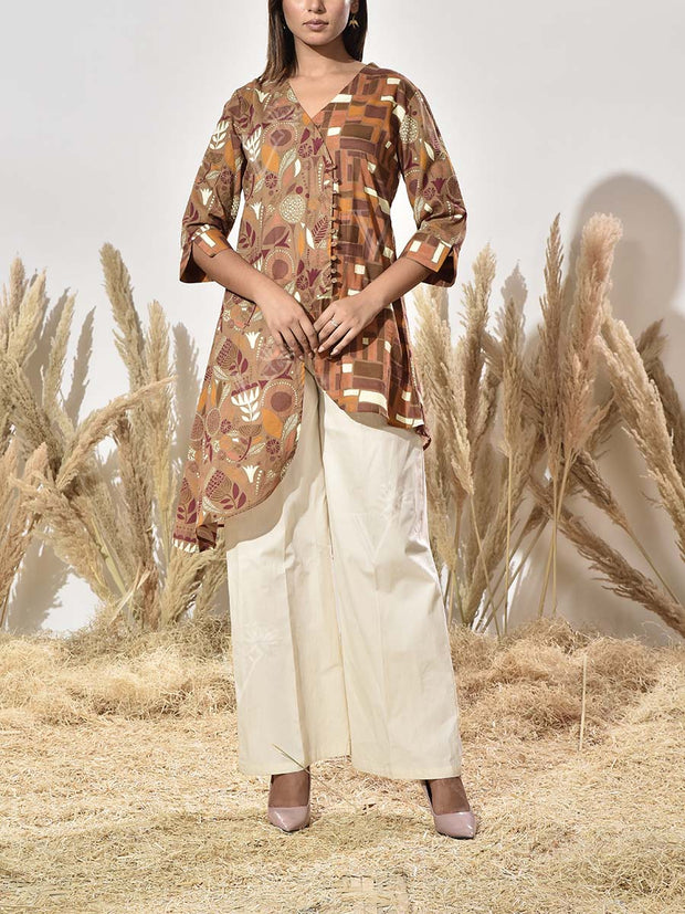 Brown Cotton Printed Asymmetric Kurta