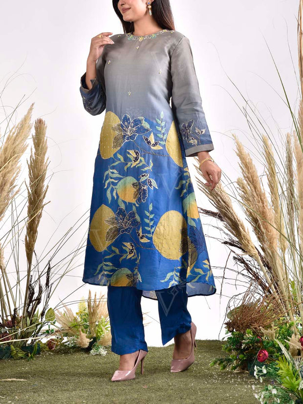 Blue and Grey Embroidered Vasansi Silk Printed Kurta and Pant set