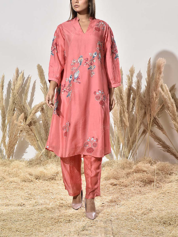 Coral Pink Vasansi Silk Embroidered Co Ord Set