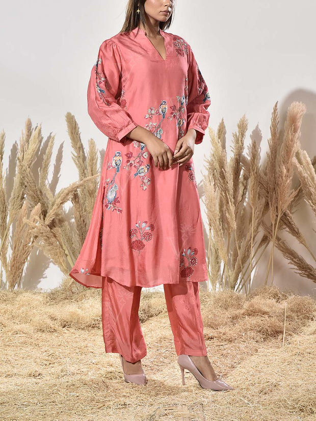 Coral Pink Vasansi Silk Embroidered Co Ord Set