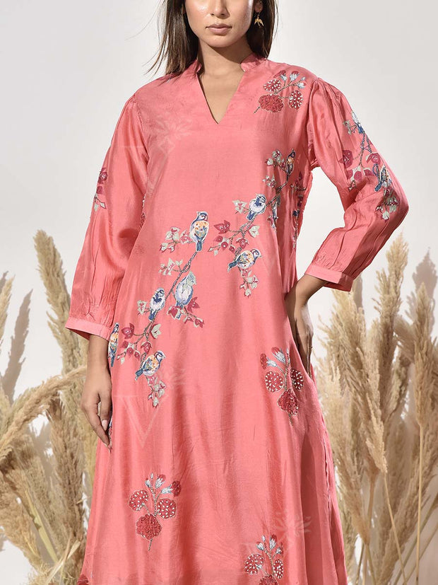 Coral Pink Vasansi Silk Embroidered Co Ord Set