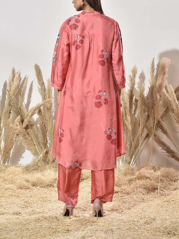 Coral Pink Vasansi Silk Embroidered Co Ord Set