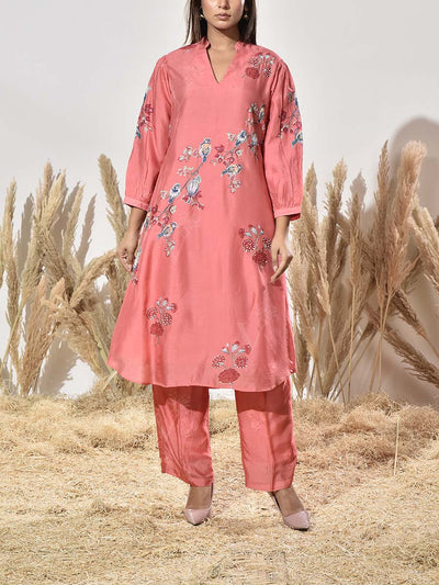 Coral Pink Vasansi Silk Embroidered Co Ord Set