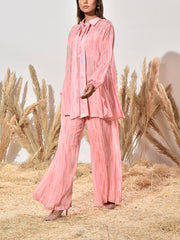 Pink Green Wrinkle Chiffon Bustier and Pant Set