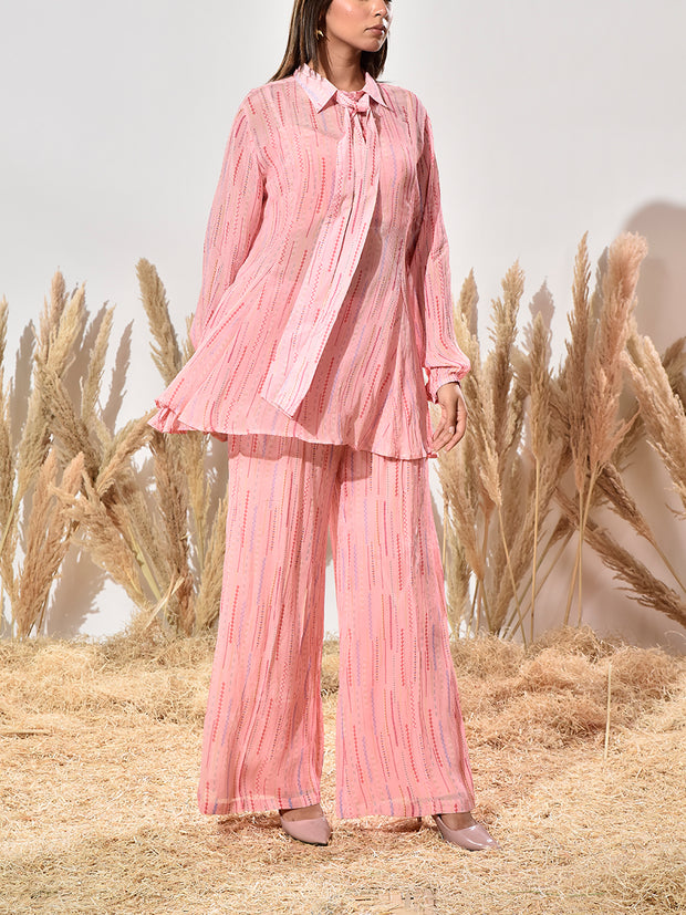 Pink Green Wrinkle Chiffon Bustier and Pant Set