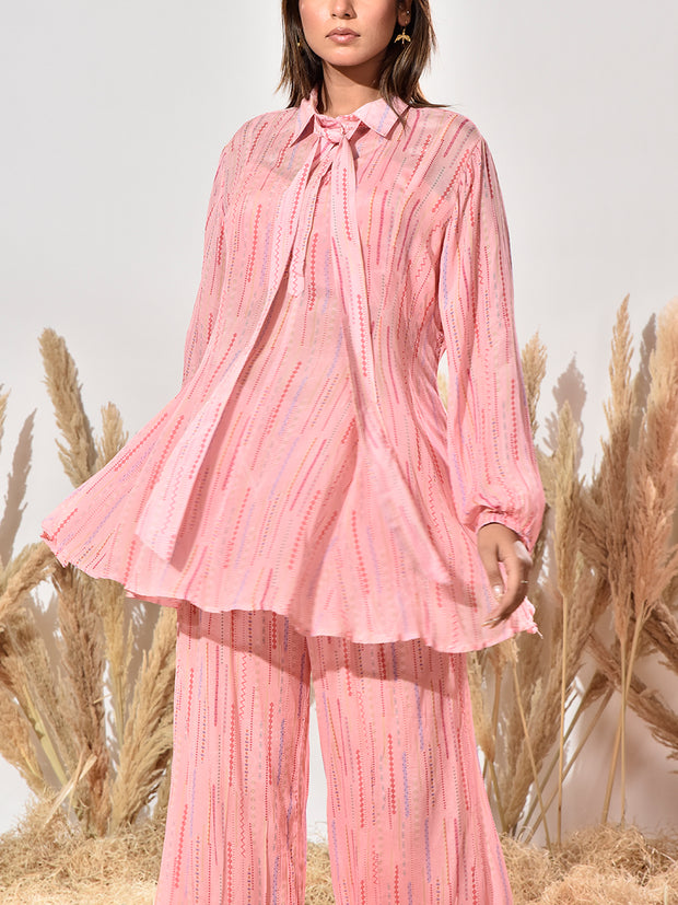 Pink Green Wrinkle Chiffon Bustier and Pant Set