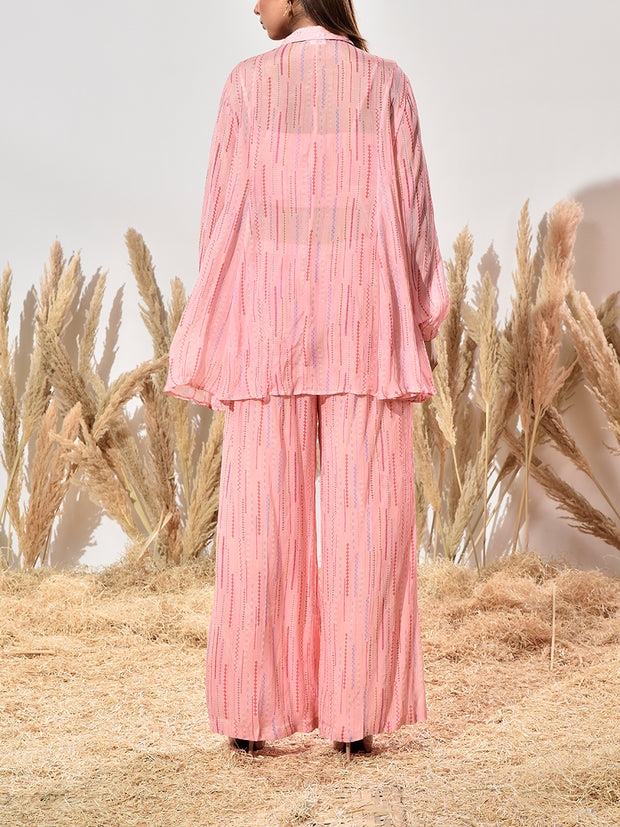 Pink Green Wrinkle Chiffon Bustier and Pant Set