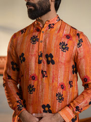 Floral Orange  Ganganagry Kurta For Men