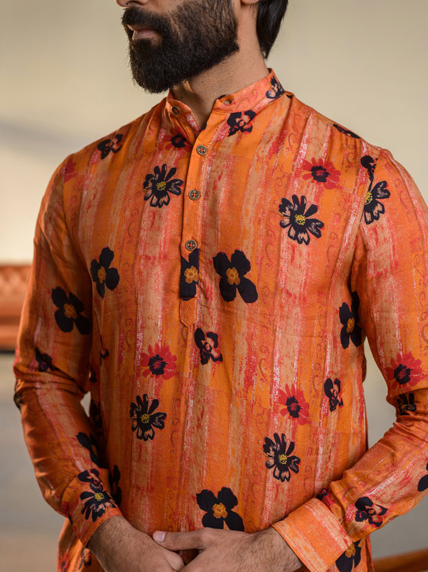 Floral Orange  Ganganagry Kurta For Men