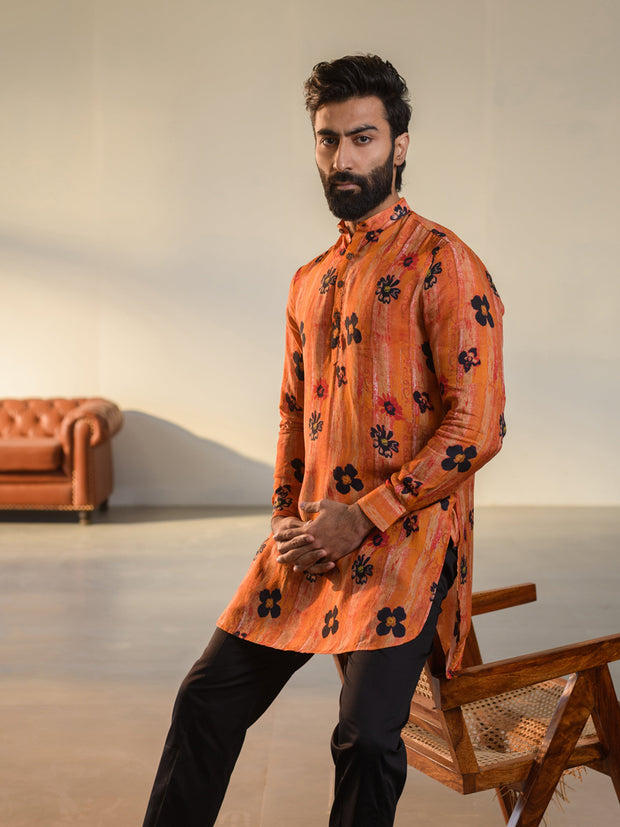 Floral Orange  Ganganagry Kurta For Men