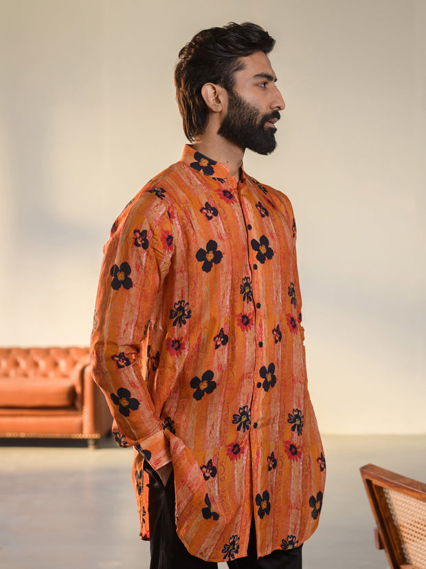 Floral Orange  Ganganagry Kurta For Men