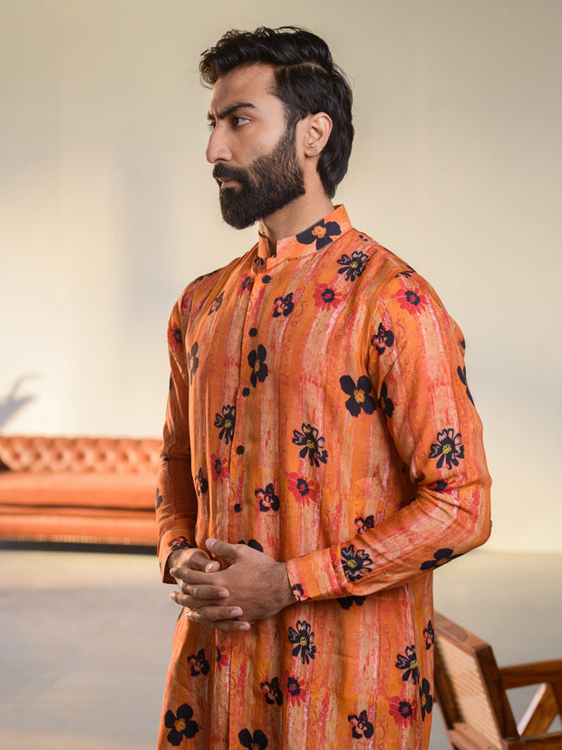 Floral Orange  Ganganagry Kurta For Men