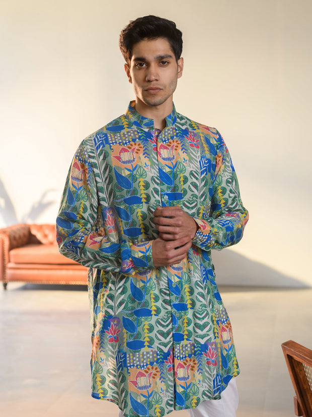 Justina Blue Floral  Full Button Kurta For Men