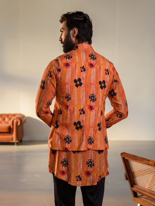 Floral Orange  Kurta Bandi Set For Men